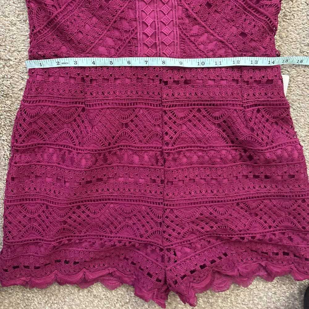 New Medium Adelyn Rae Purple Berry Lace Open Back Romper - Picture 14 of 16